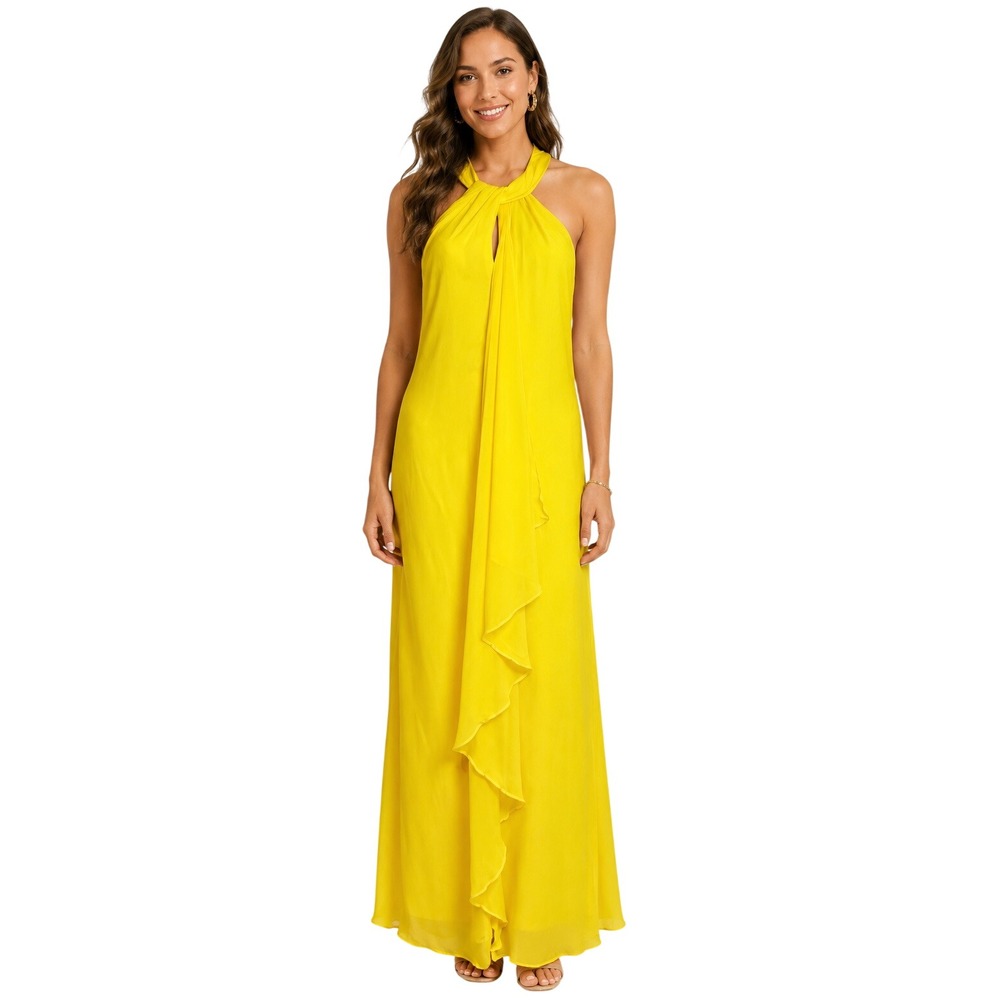 Meghan Los Angeles Aphrodite Maxi Dress Yellow Halter Ruffle Chiffon Gown Large